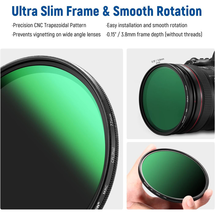 NEEWER 77mm Поляризаційний фільтр (Полярізатор/CPL) з 30-шаровою плівкою, зменшує відблиски, покращує контраст, ультратонкий, з оптичного скла HD