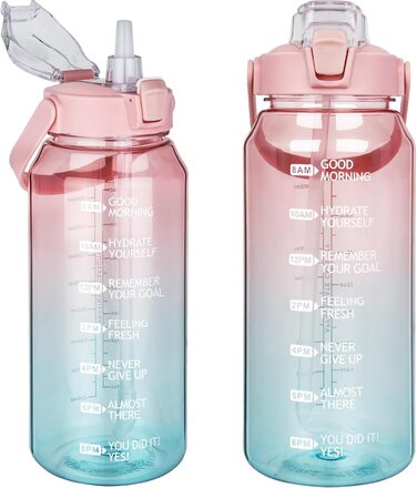2L Tritan Water Bottle with Straw & Time Marker 2 liter BPA-free Motivational Water Bottle with Clock Large Sports Bottle for Gym, Fitness, Hiking (Transparent Rose / Cyan)