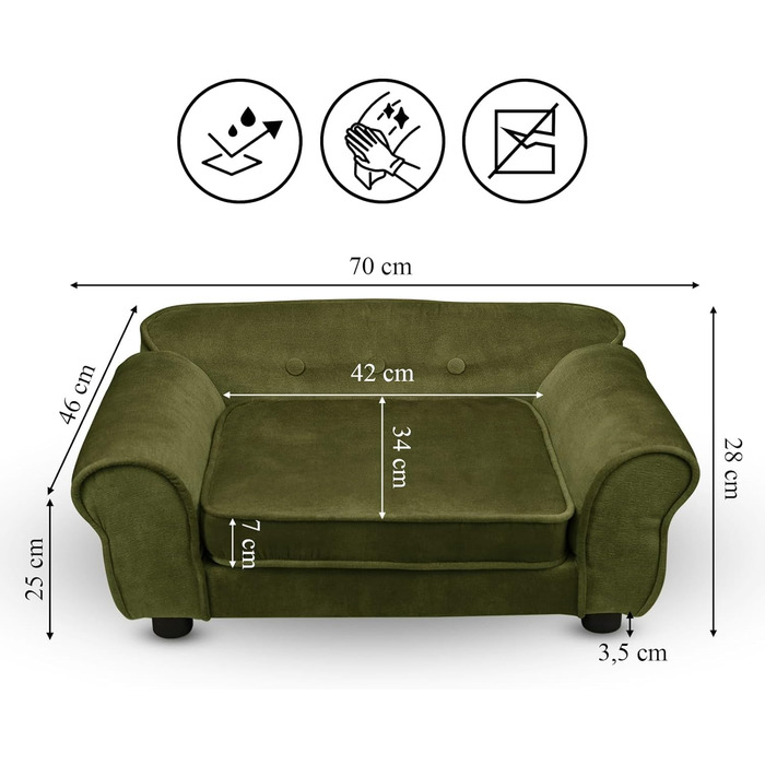 Диван для домашніх тварин MG Design темно-зелений: стабільний дерев'яний каркас, м'яке покриття, легкий у догляді. Підходить для собак та котів, готовий до використання. Темно-зелений – W12 (Оливковий – W11)