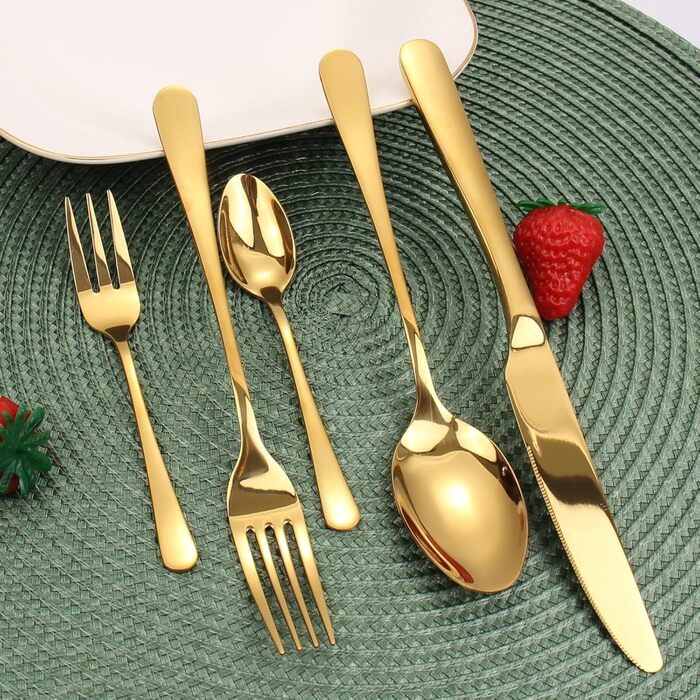 Gold Cutlery Set 12 People, 60-Piece Cutlery Set Gold Stainless Steel, Shiny Gold Cutlery Set with Knife, Fork, and Spoon, High-Quality Table Cutlery, High-Gloss Polished & Dishwasher Safe