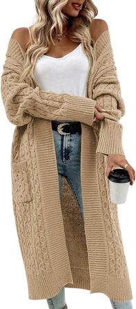 Жіночий в'язаний кардиган Saodimallsu великої в'язки, оверсайз, відкритий спереду, з кишенями, хакі, XL