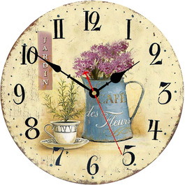 Toudorp Wooden Wall Clock with Arabic Numerals, Easy to Read, Silent Wall Clock, Retro, Battery Operated, Cafe and Flower Pattern, Decorative for Bedroom, Living Room, Dining Room (Cafe and Flowers, 12 inches)
