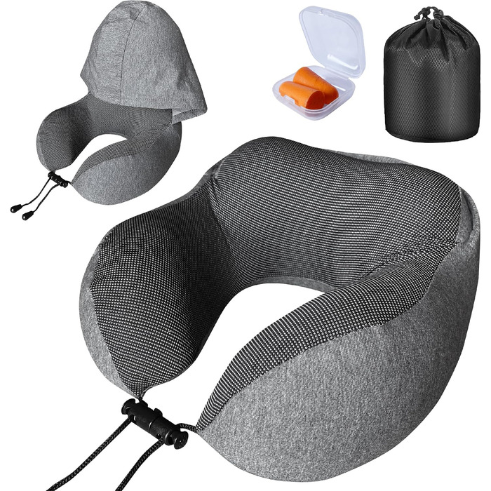 Подушка для шиї у подорожах з капюшоном та навушниками, віскоеластична подушка для шиї
