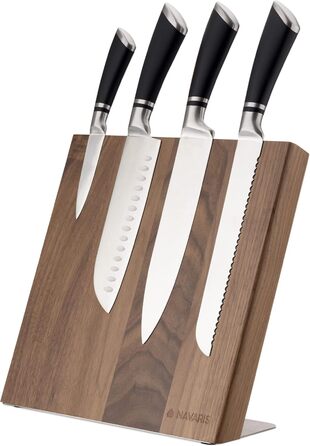 Navaris Magnetic Knife Holder from Walnut Wood 27.7x 27.5x12cm - Magnetic Knife Block Knife Board Wood Magnet Holder - Knife Holder Unfurnished Brown