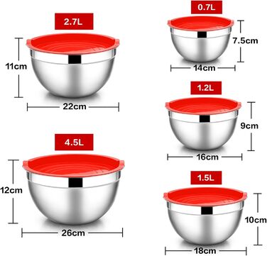 Набір салатниць/мисок HaWare (5 шт.) з кришкою, 4.5L/2.7L/1.5L/1.2L/0.7L. Ідеально для приготування, випікання та зберігання. З нержавіючої сталі, можна мити в посудомийній машині.