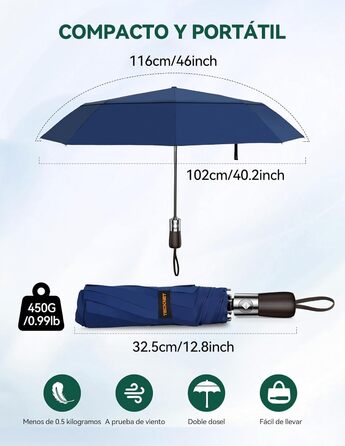 TECKNET Автоматичний парасолька, стійкий до вітру, легкий у використанні, синій