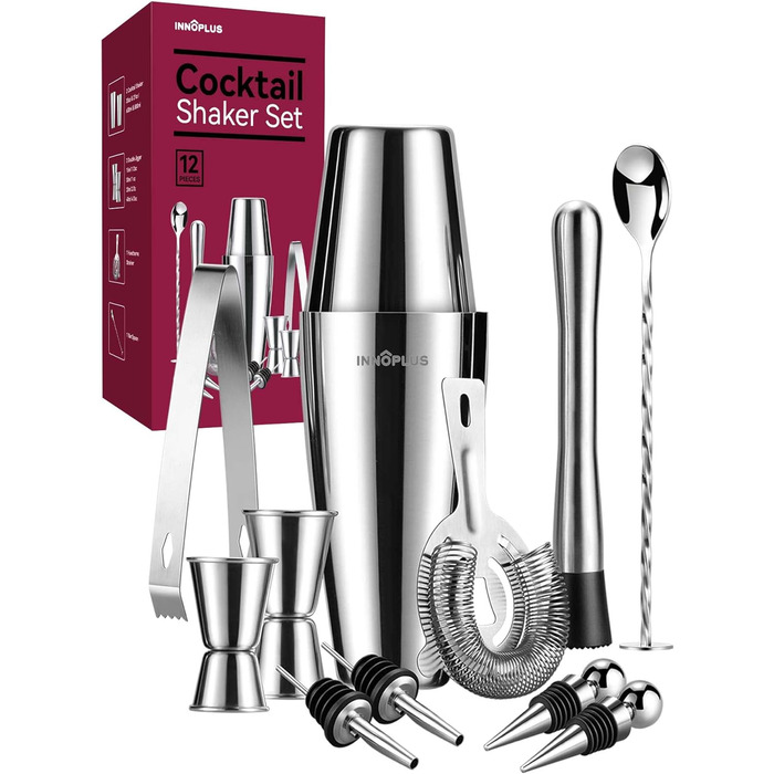 Набір для приготування коктейлів, професійний шейкер Boston, 12 предметів, нержавіюча сталь