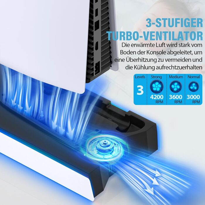 Підставка для PS5 Slim/Pro з зарядною станцією для контролера PlayStation 5 (Disc/Digital), аксесуари PS5 з RGB підсвіткою, вентилятор, тримач для навушників, USB хаб, чорно-білий, Q511