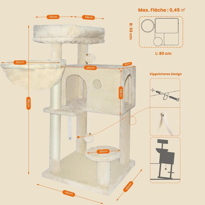 Котячий будиночок з дряпалкою, великі платформи, сизаль, пандус, будиночок для котів, м'ячі та щітка для котів, 95 см, бежевий