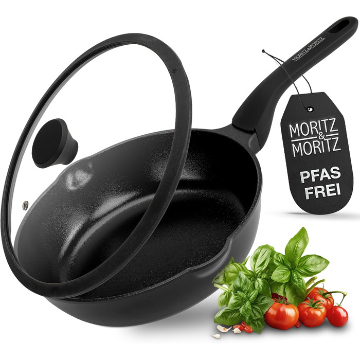 Сковорода Moritz & Moritz 26 см з кришкою, чорна, з антипригарним покриттям та Soft-Touch ручкою - для смаження, тушкування та приготування на пару. Підходить для всіх типів плит.