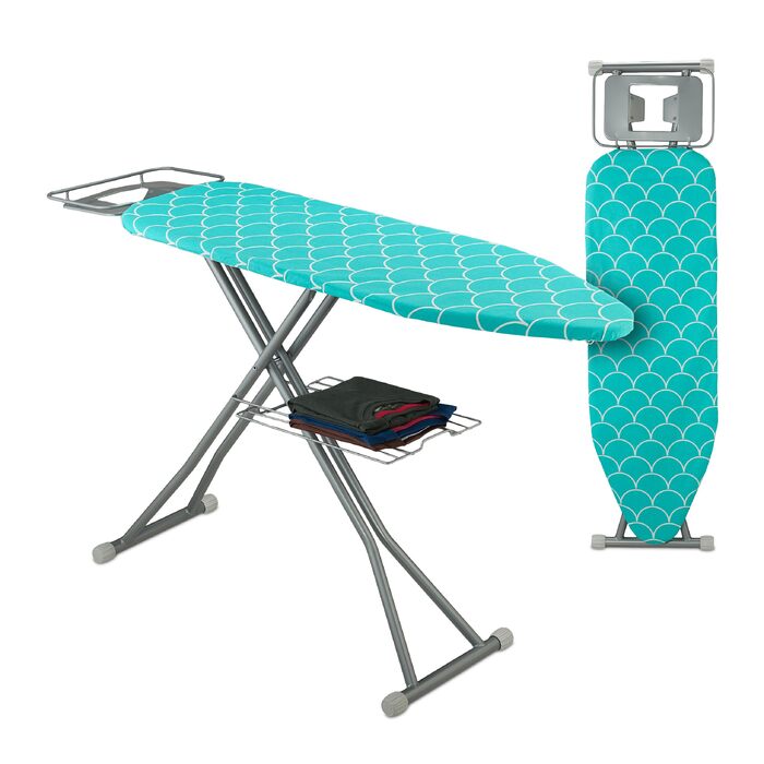 Прасувальна дошка Relaxdays для парових прасок, 122 x 39,5 см, регульована по висоті, складана, з підставкою, бірюзовий/сріблястий