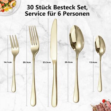 Cutlery Set for 6 People, 30-Piece Champagne Gold Cutlery Set, Shiny Knife, Fork, Spoon Set, High-Gloss Polished Cutlery Sets, Stainless Steel Table Cutlery for Kitchen/Dining/Party