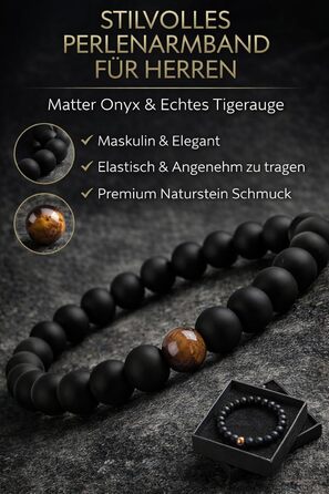 Браслет чоловічий 9 O'Clock Perlenarmband з оніксу 8мм, еластичний, ручна робота (Німеччина), з тигровим оком (чорно-коричневий)