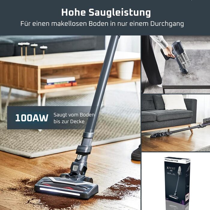 Rowenta X-Pert 6.60 акумуляторний пилосос: потужність 100W, 45 хв роботи, бездротовий, без мішка, LED-насадка, легкий, 0,55 л контейнер для сміття, насадка для щілин та кріплення на стіну, чорний/темно-сірий, RH6831EO