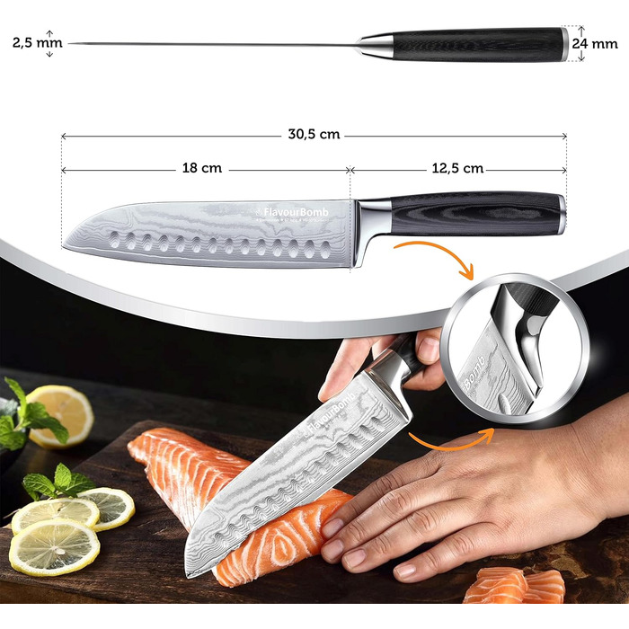 Нож Сантоку з дамаської сталі FlavourBomb | 18 см | Кухонний ніж для професіоналів | Дамаська сталь, ручка Micarta + безкоштовна електронна книга