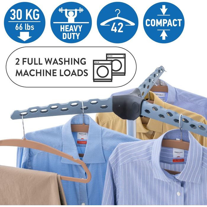 Tatkraft Art Moon Palm - Clothes Rack, Stable, Folding, Ironing Clothes Rack, Capacity 30 kg or 42 Clothes Hangers, Stainless Steel, Compact Foldable, (Grey)