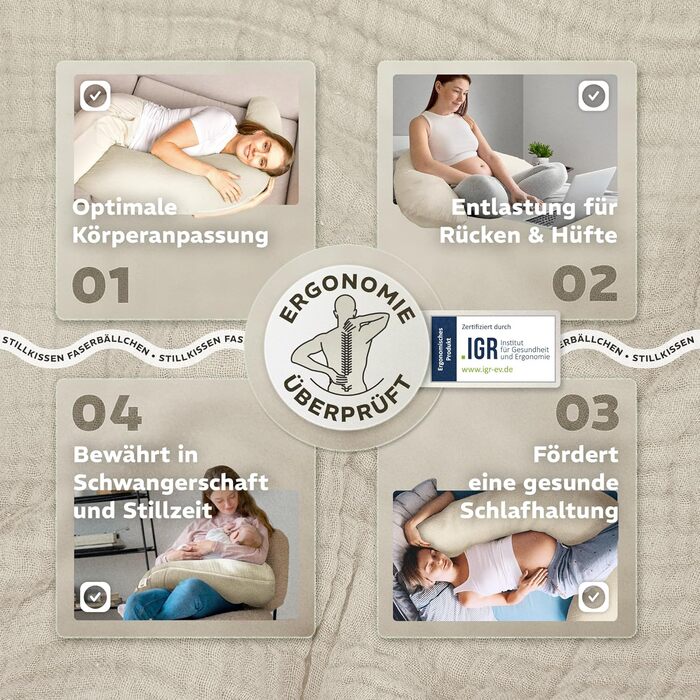 Подушка для годування sei Design XXL 190x30 см з мусліновою наволочкою, ергономічна, для вагітних, для сну на боці, комфортна подушка для дорослих, наволочка з 100% органічної бавовни муслін