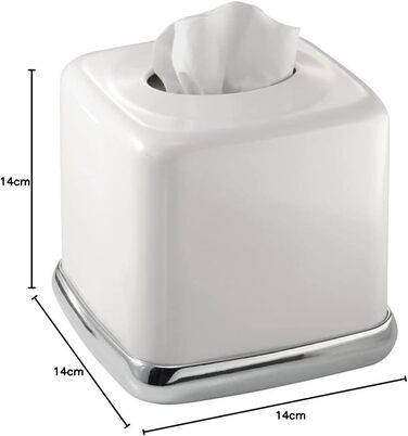mDesign Cosmetic Tissue Box - Practical tissue box for the bathroom made of metal with a white finish and chrome accents - Paper tissue box in a modern & minimalist design