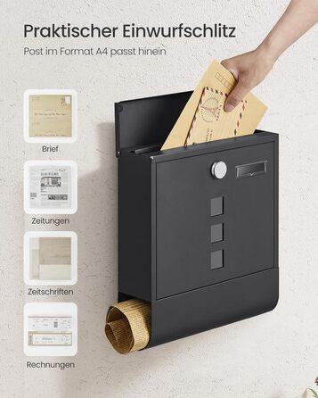 Поштова скринька SONGMICS з замком, оглядовим вікном та відділенням для газет, сіра, 10x30.8x33.8 см (GMB20AG)