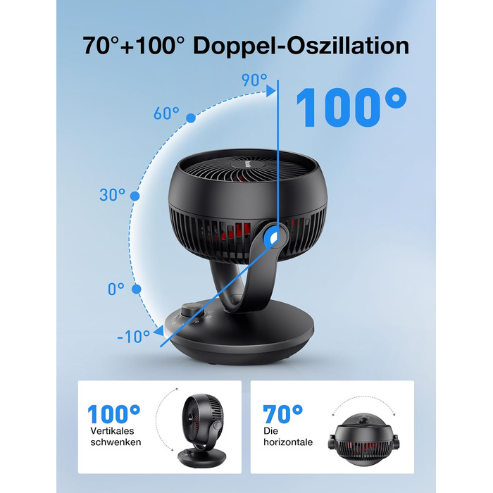 Вентилятор Acoolir тихий 24dB з двома осями обертання, 3 швидкості, для спальні, офісу, вітальні (чорно-червоний)