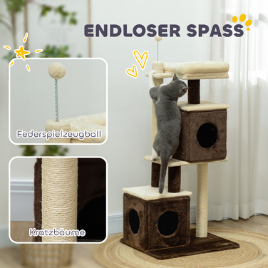 PawHut Дряпка для котів 107 см, котячий комплекс з котячою печерою, ліжком, іграшковим м'ячиком, котячий дряпка-столб з сизалевими дряпальниками, для котів до 5 кг, Темно-коричневий | Aosom