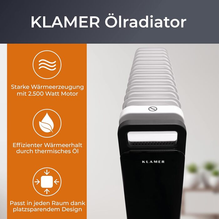 KLAMER Oil Radiator 2500 W, Electric Heater, Energy-Saving, 13 Fins, 3 Heating Levels with Eco Mode, 24h Timer, Thermostat, Overheat & Tip-Over Protection, with Remote Control, for Indoor Use, White/Weiss