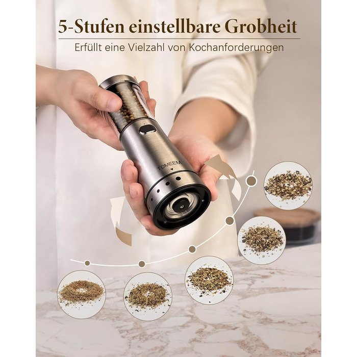 Salt and Pepper Grinder Electric 2-Piece Set with USB Rechargeable, Improved 4.5oz Large Capacity Spice Grinder Electric, Adjustable Coarseness with LED Light, Ideal for the Kitchen