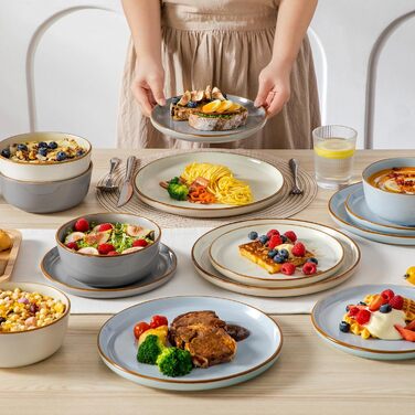 Набір посуду vancasso RENO 36 предметів: тарілки, супові тарілки, десертні тарілки, миски. Набір посуду з кераміки для 6 осіб, сучасний дизайн, безпечний для миття в посудомийній машині та розігріву в мікрохвильовій печі.