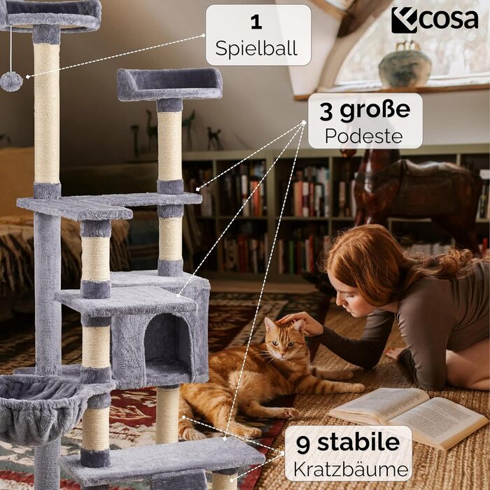 Кігтеточка для котів Ecosa® XXL - велика, 170 см, багатоярусна з гамаком та будиночком