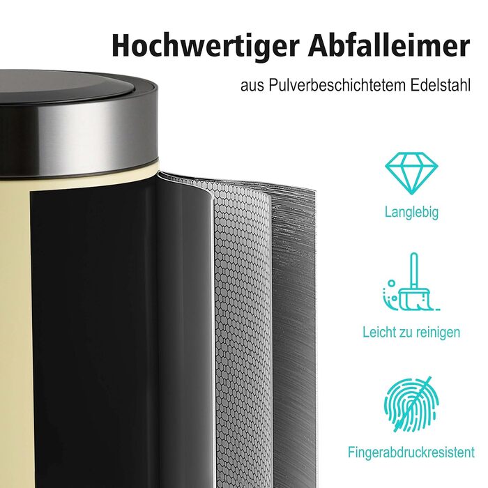 Рибеллі Відро для сміття 30л з нержавіючої сталі, з педальним механізмом, м'яке закриття, сортування сміття, кругле (Мигдальний колір з сенсором)