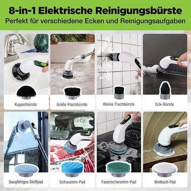 WORKPRO Електрична щітка для прибирання з індикатором потужності, 8 в 1, обертова щітка-скребок, 8 насадок, телескопічна ручка 30-120 см, 3 швидкості, для ванної кімнати та кухні