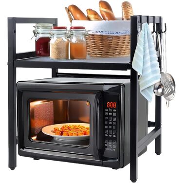 Розширювана полка для мікрохвильової печі, 2 яруси з 6 гачками, телескопічна полка для кухні 42-64 см, органайзер для спецій та кухонного приладдя (Чорний)