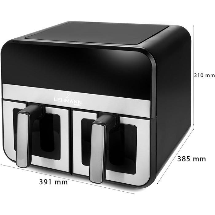 Фритюрниця повітряна LEHMANN з 2 камерами, 9л, 2400 Вт, AirFryer XXL з 12 програмами, до 200°C, WiFi, без олії, з технологією Air Fry – гриль, випічка, ферментація, дегідратація
