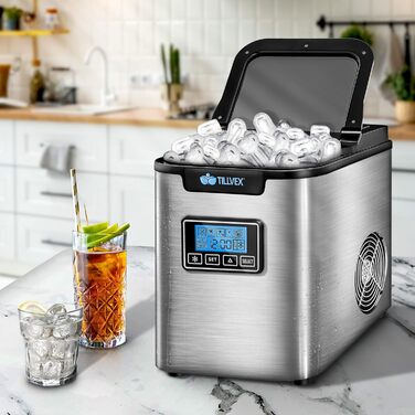 tillvex Ice Maker Stainless Steel 12 kg - 24 h | Ice Cube Maker with Timer and 2.2 Liter Water Tank | Ice-Maker LCD Display & Self-Cleaning Function | 3 Ice Cube Sizes (Silver)