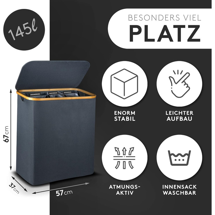 FALKENWERK Laundry Basket with Lid 145L - Water-Repellent Laundry Collector with 3 Compartments & Removable Laundry Bags - Foldable Laundry Box with Washing Instructions - Laundry Basket 3 Compartments