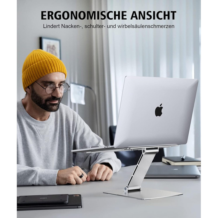 Підставка для ноутбука Glangeh, регульована по висоті, ергономічна, портативна, для столу, складана, з алюмінію, сумісна з MacBook Air/Pro (10–16 дюймів), срібна