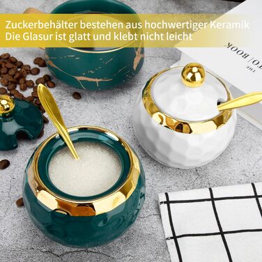 Керамічні солянки та цукерниці з кришкою та ложкою, зелений малюнок мармуру (білий)