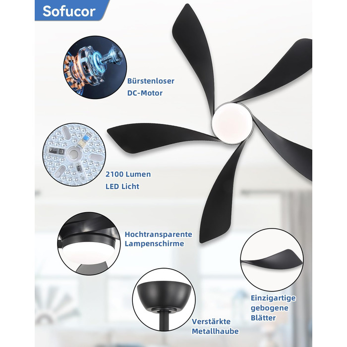 Стельовий вентилятор Sofucor Smart з підсвічуванням 132 см, сумісний з Alexa/APP, пульт, 3 режими світла, таймер, 6 швидкостей, тихий DC для вітальні (Чорний)