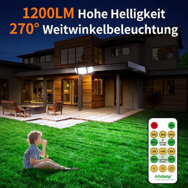 INTELAMP Solar Lights for Outdoors with Motion Sensor, 6000 mAh Solar with Remote Control, 1200LM, 270° Wide-Angle Solar Lights, IP65 Waterproof for Porch and Garages (2 Pack - 2.7M Cable)