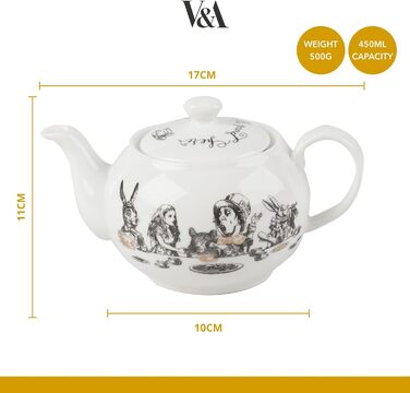 V&A Alice in Wonderland Teapot, pitcher for serving tea, water jug, pot with lid, intricately painted ceramic design, 450 ml, white