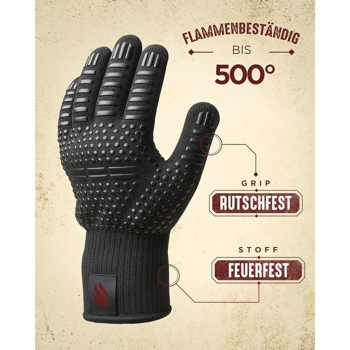 HORUS 23 Набір аксесуарів для гриля – 4 предметний набір: щипці, лопатка, виделка та термостійкий рукавичка