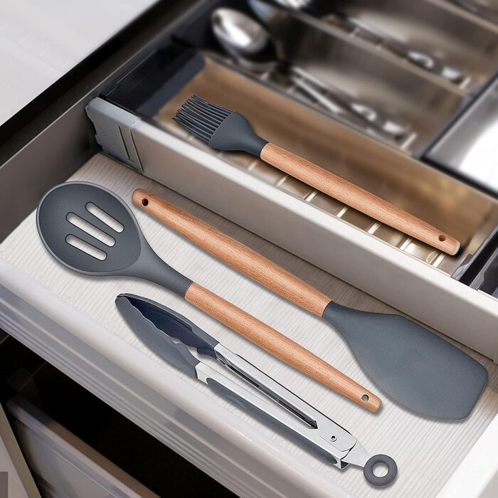 Набір кухонного приладдя Herogo, 12 шт. Силіконові кухонні помічники, кухонне кухонне приладдя з тримачем, стійке до високих температур, з дерев'яною ручкою, антипригарний лопатка – сірий