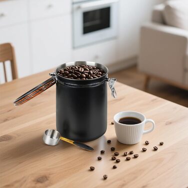 Каньора для кави 1 кг, нержавіюча сталь з дерев'яним декором, вакуумна каністра з CO2-клапаном, мірна ложка та індикатор дати, для кави, горіхів, какао
