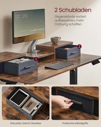 VASAGLE Electric Standing Desk - Adjustable Height, 140x60cm, with Monitor Stand, Power Strip, Hooks, Memory Function - Vintage Brown