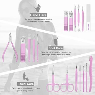 Набір для манікюру та педикюру Leipple - професійний набір інструментів для догляду за нігтями з нержавіючої сталі (18 шт.) з шкіряною косметичкою (рожевий/фіолетовий)