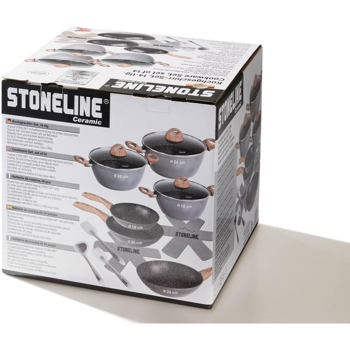 STONELINE Ceramic Cookware Set, 14-Piece, 18/20/24cm Pots and Pans, PFAS-Free, Cookware Set, Pan Set, Induction, Cookware Set with Lids, Ceramic Coating with Real Stone Particles, Wood-Look Handles, 14-Piece