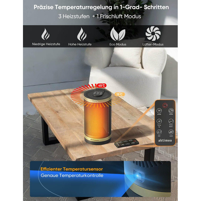 Електричний обігрівач NEU 1500W з керамічним нагрівачем, термостатом, захистом від перегріву, нахилу та для дітей, таймером 12 год, з пультом керування, золотий, Classic