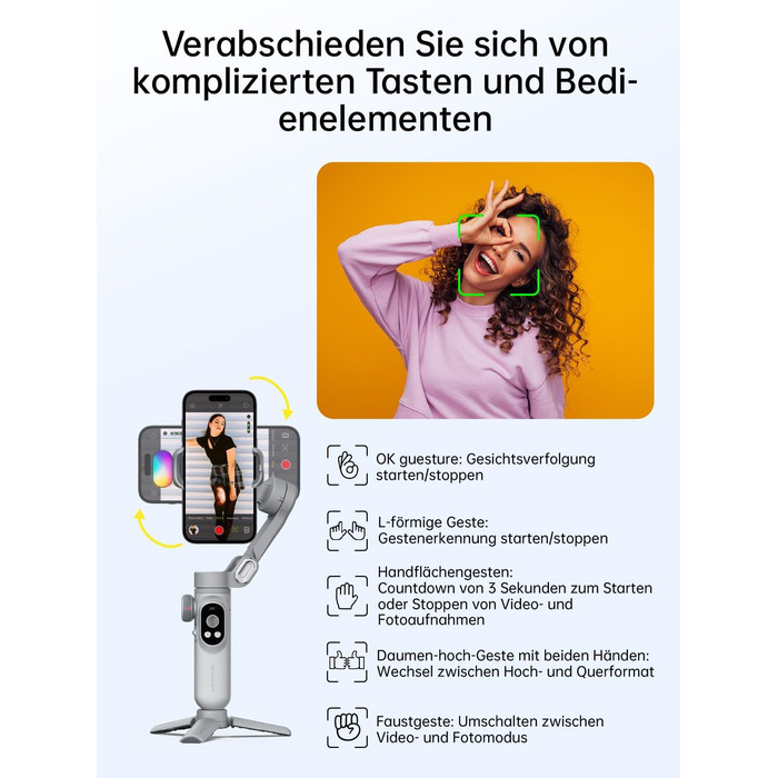 Стабілізатор для смартфона AOCHUAN 3-осьовий з RGB-підсвічуванням, для iPhone/Android, з функцією трекінгу обличчя, комплект Smart X Pro (Сірий)