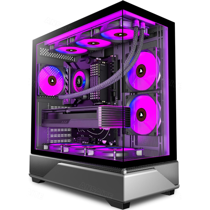 Ігровий корпус для ПК ANSAITE ATX Mid-Tower, 6 ARGB PWM вентиляторів, панорамне загартоване скло, USB Type-C, підтримка радіатора 360мм, чорний/фіолетовий