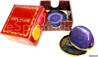Natural agate coasters, for bar, beer, coffee, tea, set of 4, perfect table accessory, tableware (Blue)